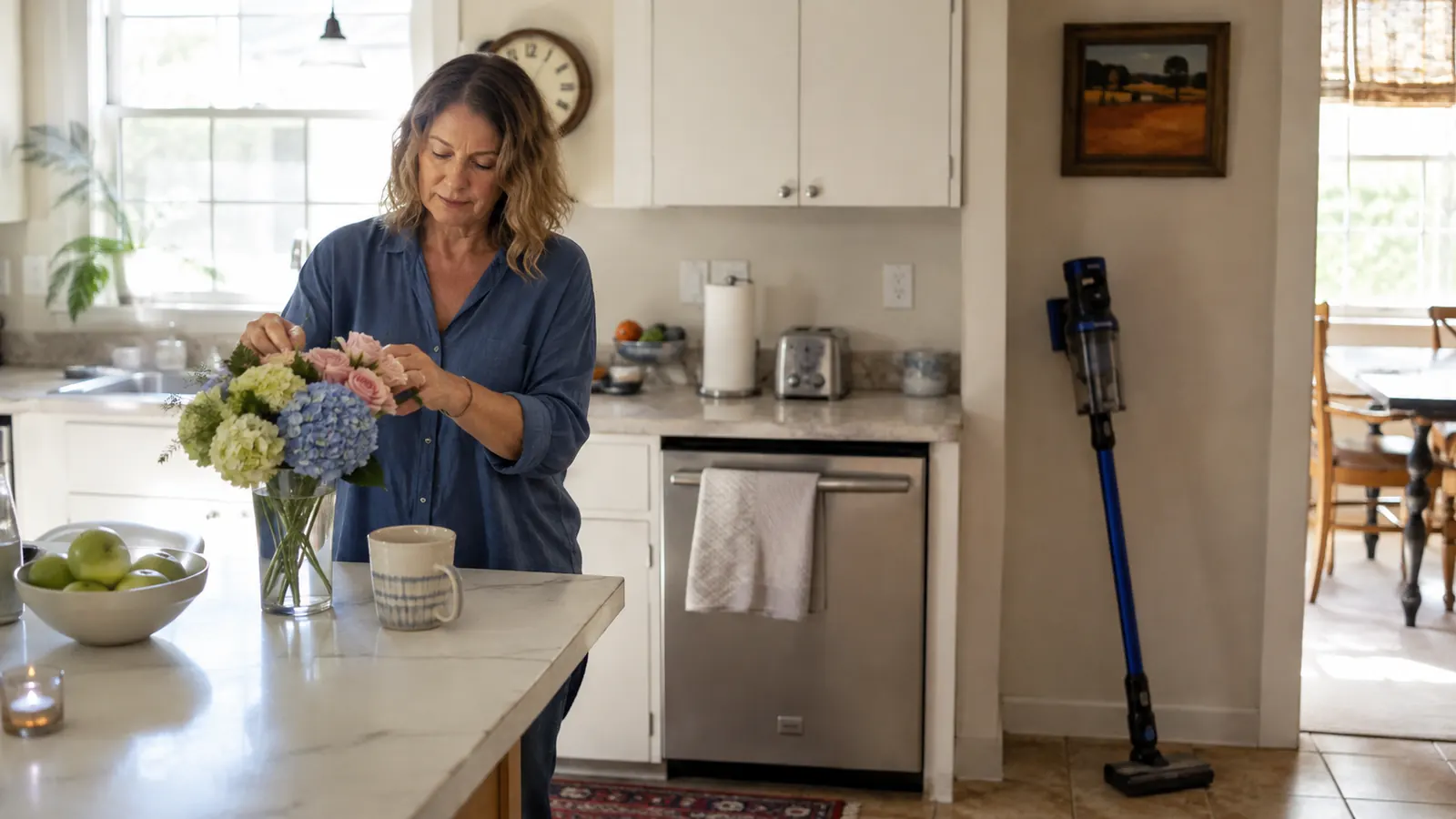 A lightweight blue Bissell stick vacuum leaning against a sunlit kitchen counter on tile flooring