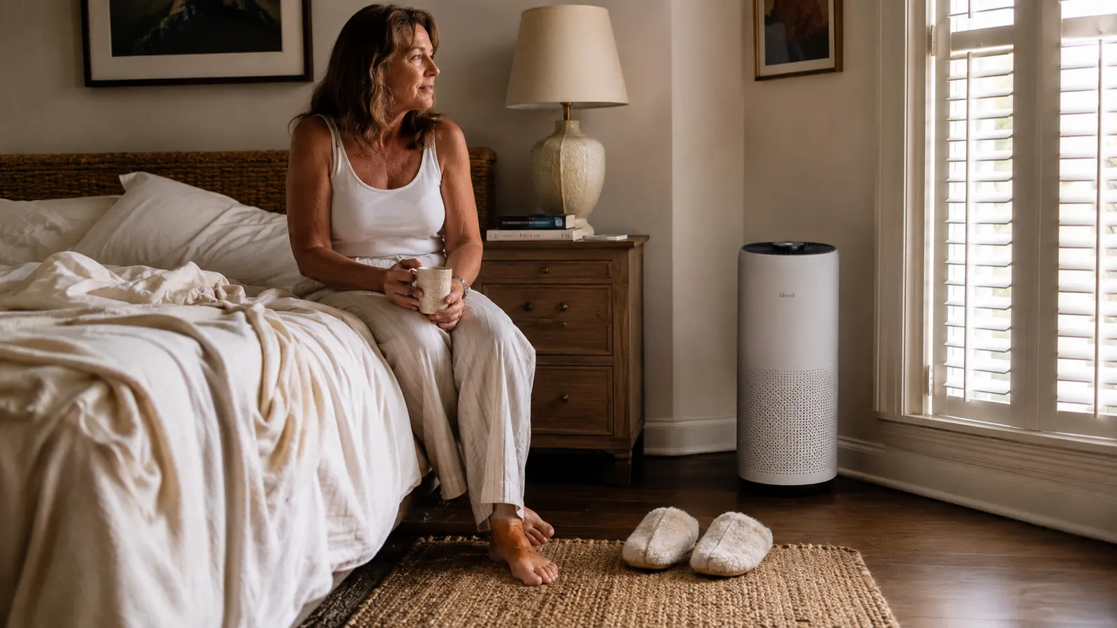 A tall white air purifier running in the corner of a sunlit bedroom with warm morning light coming through sheer curtains