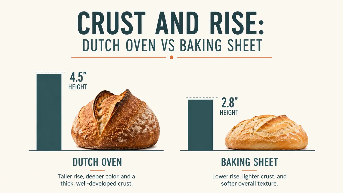 A simple chart comparing crust darkness and oven spring of bread baked in a Dutch oven versus a baking sheet.