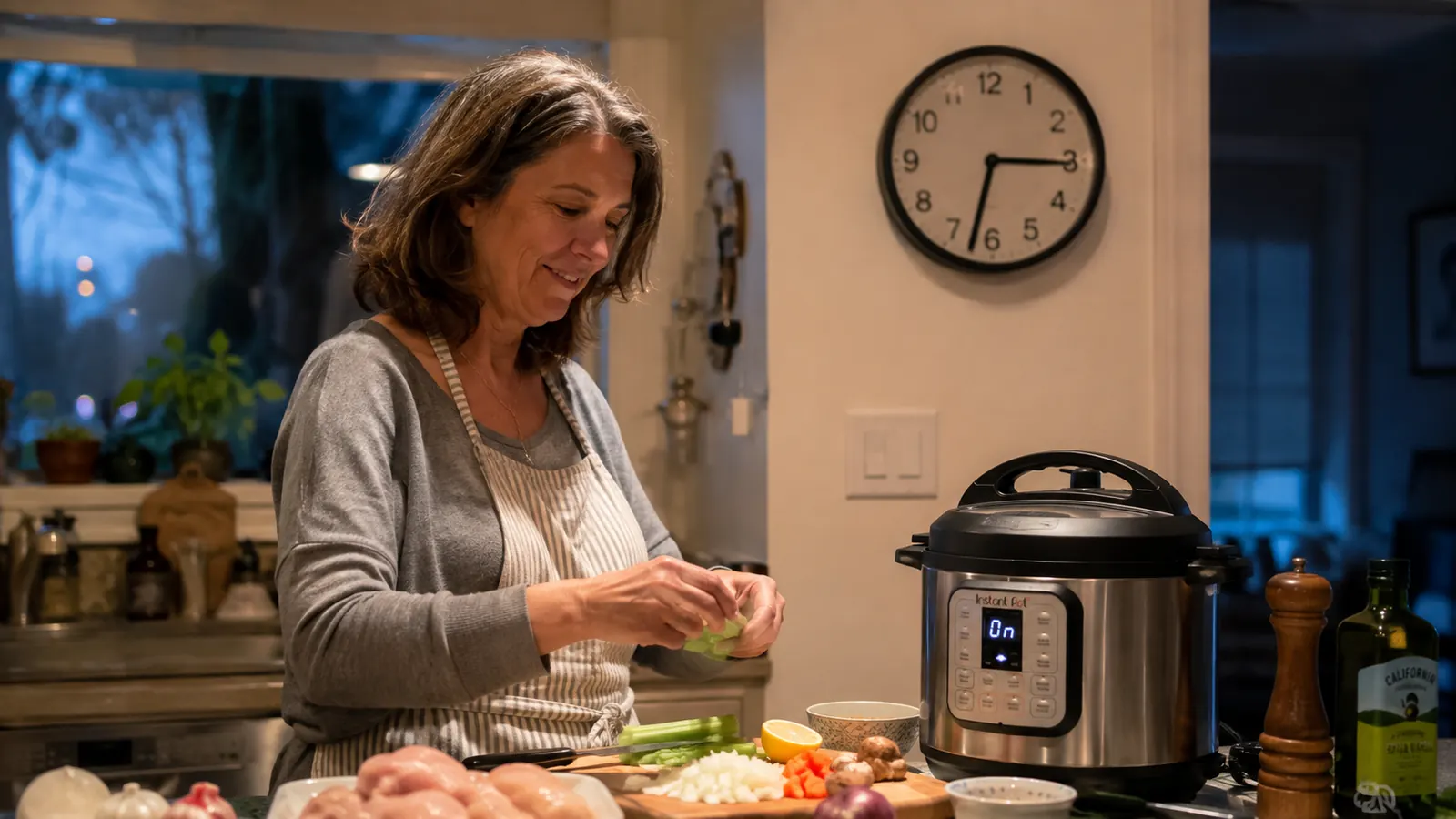 A stainless steel Instant Pot Duo pressure cooker sitting on a busy kitchen counter with dinner ingredients nearby and a clock reading past six.