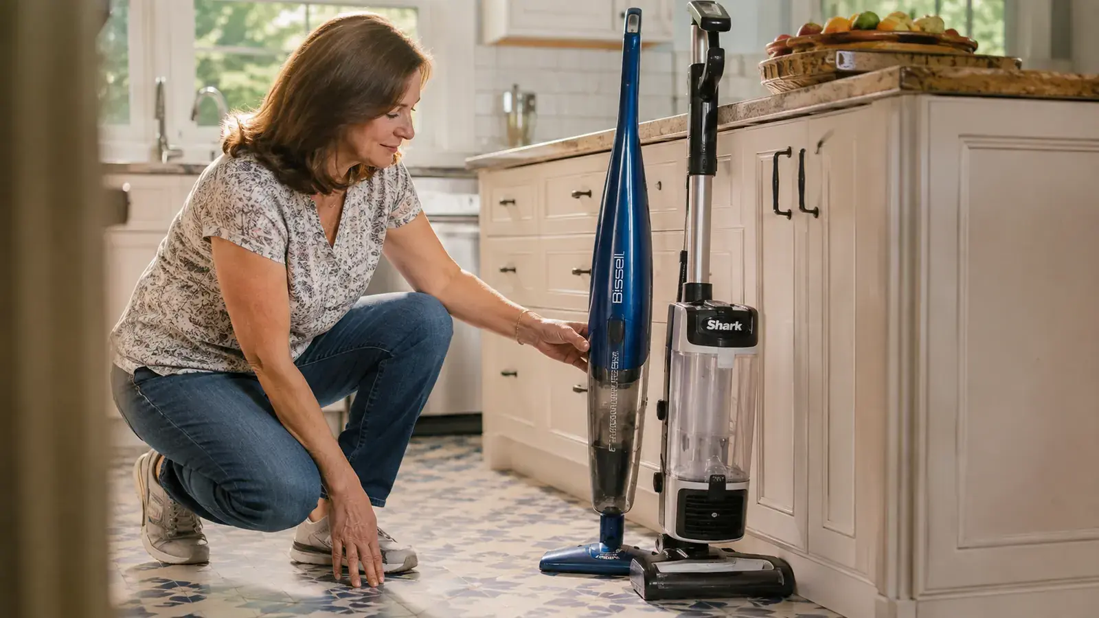 Blue Bissell Featherweight stick vacuum leaning against a kitchen counter next to a bagged Shark cordless vacuum on a tile floor