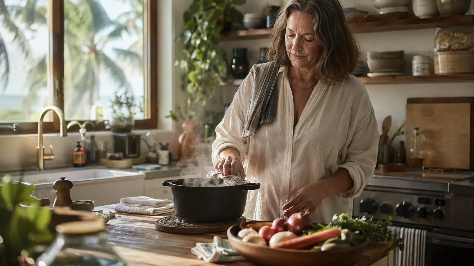 A woman lifting the lid on a steaming cast iron Dutch oven in a bright, lived-in kitchen with palm trees outside the window
