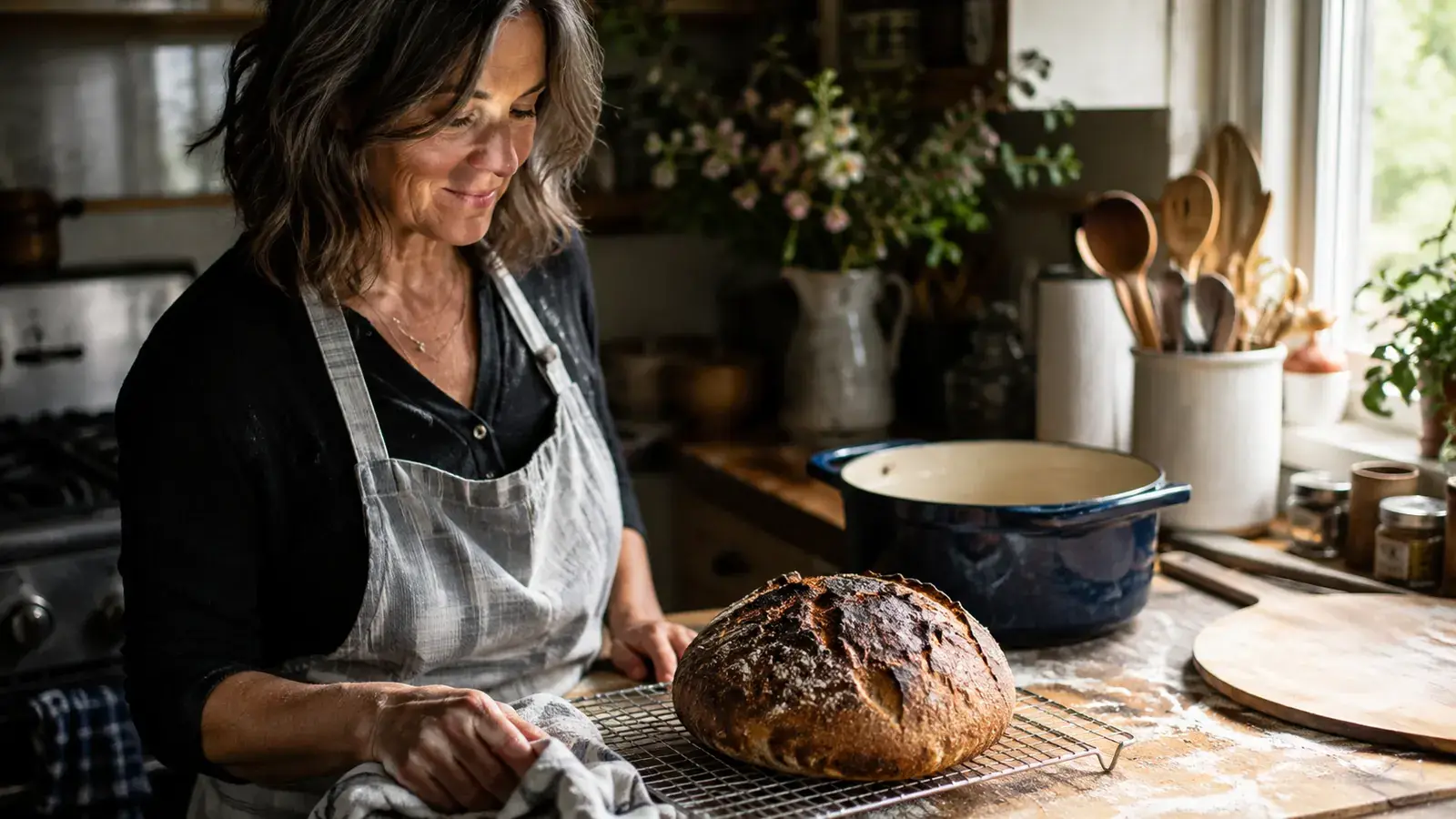 A round crusty loaf of bread cooling on a wire rack next to an open Lodge enamel Dutch oven, steam still rising off the bread