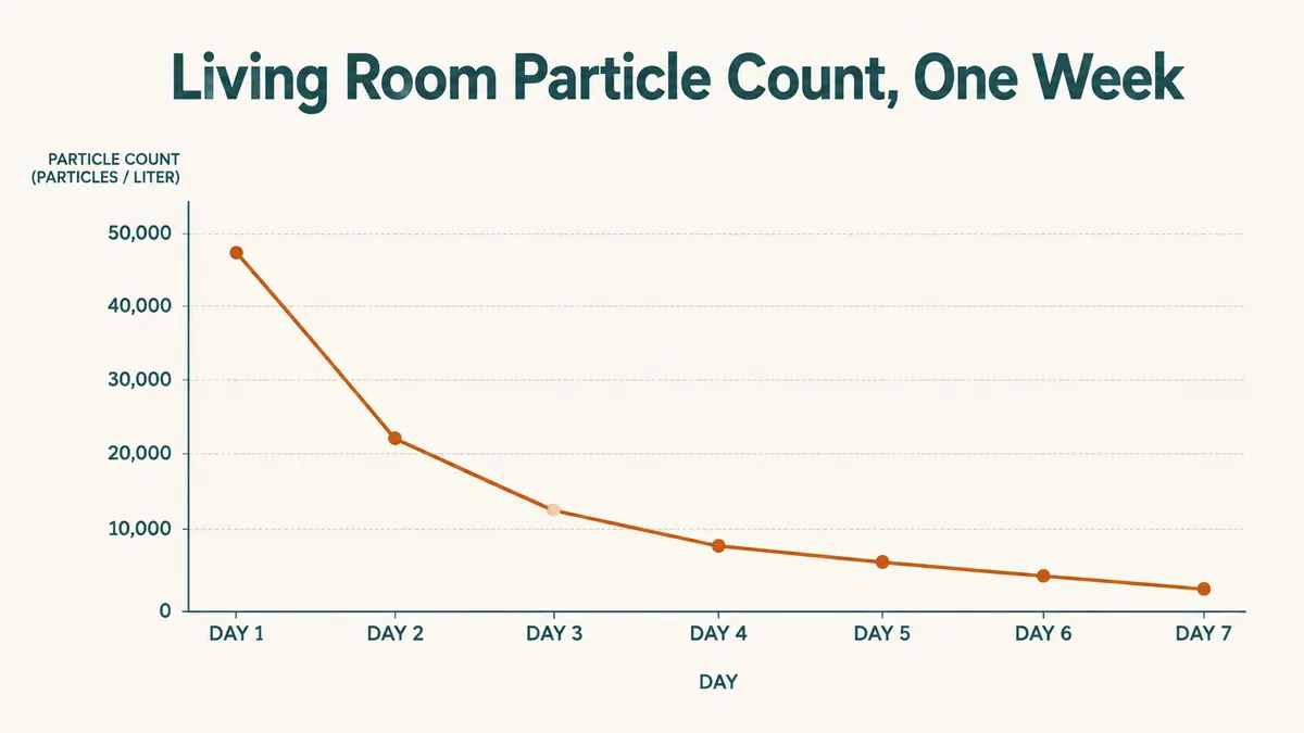 A simple line chart showing indoor airborne particle count dropping over a one week period after adding a purifier