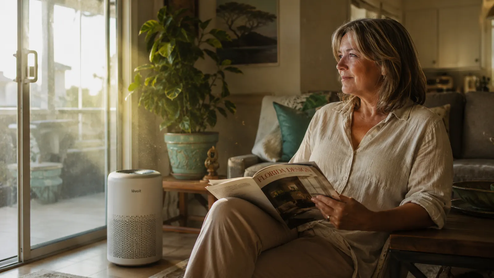 Morning sunlight through sliding glass doors in a Florida living room, dust visible in the light beam, an air purifier running in the corner
