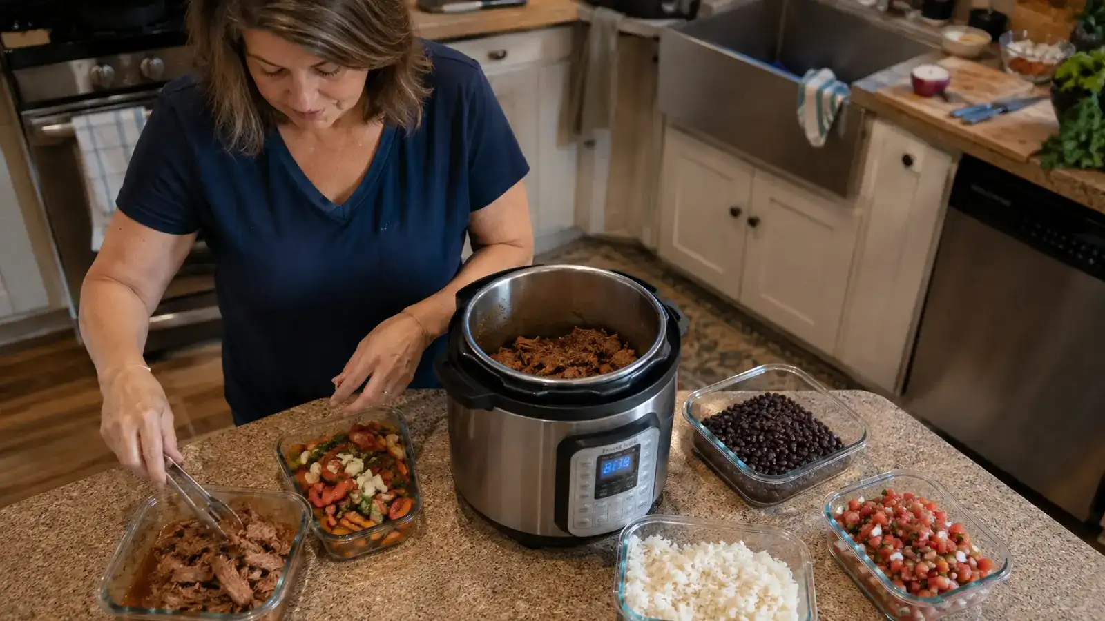 Kitchen counter on a Sunday afternoon with meal prep containers, a pressure cooker, and fresh vegetables laid out for weekly cooking
