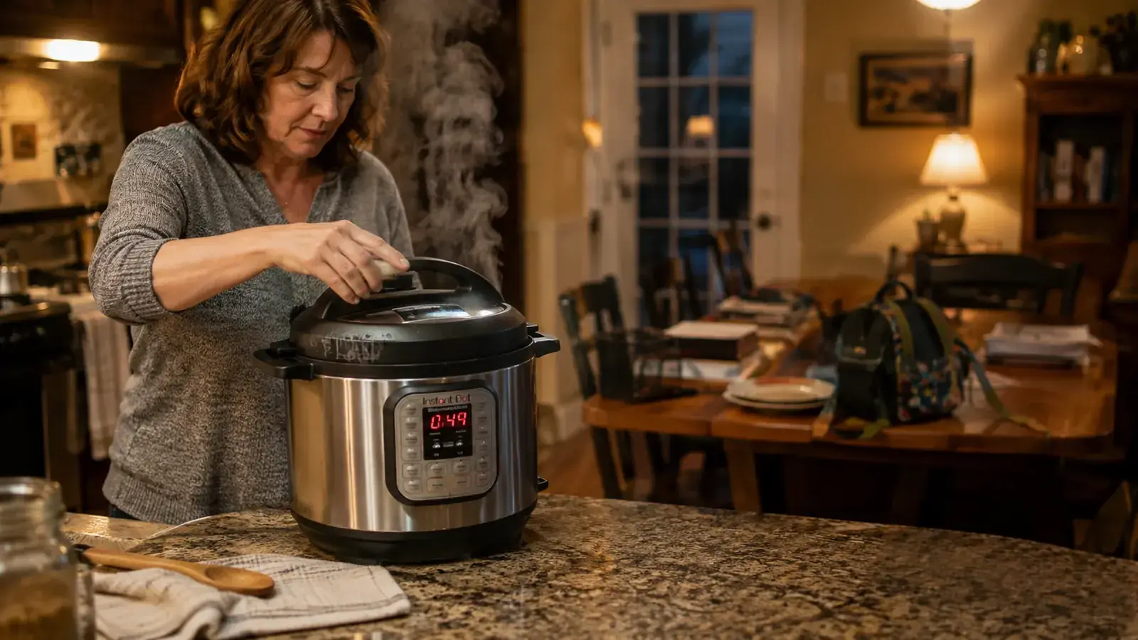 Steam rising off a stainless Instant Pot on a kitchen counter at dusk, dinner plates stacked nearby