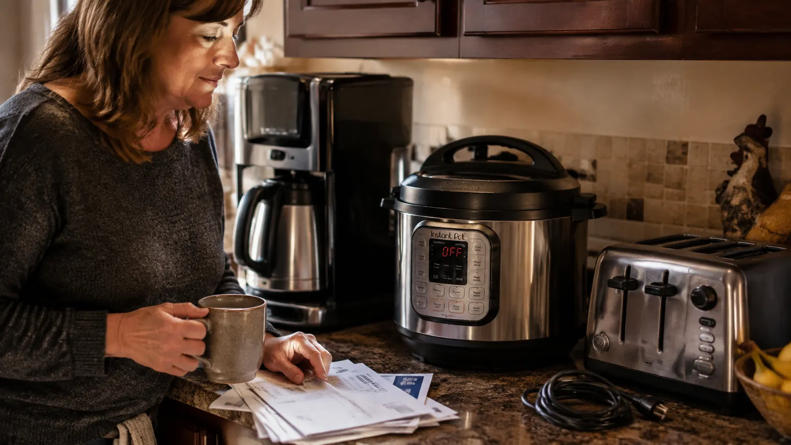 A crowded kitchen counter with an Instant Pot Duo wedged between a coffee maker and a toaster, showing how much real counter space it takes up