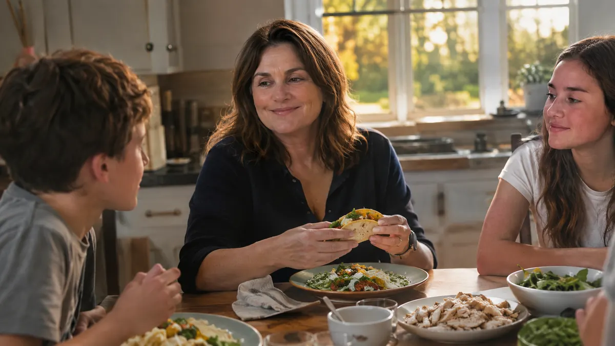 A family sitting down to a weeknight dinner of shredded chicken tacos made in the Instant Pot Duo
