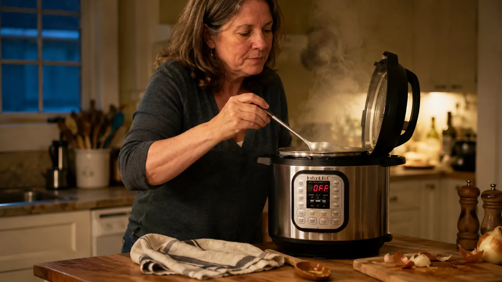 A stainless steel Instant Pot Duo on a home kitchen counter with steam rising as the lid is lifted after cooking