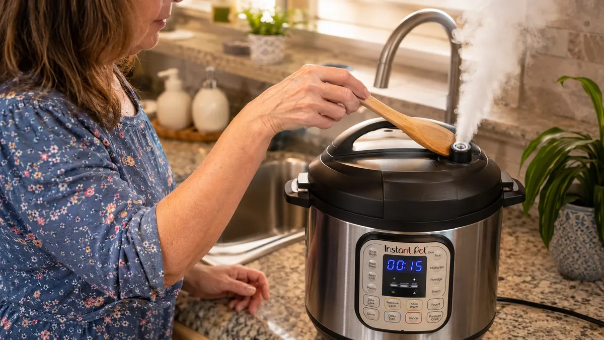 Hands releasing steam from the Instant Pot Duo's pressure valve over the kitchen sink