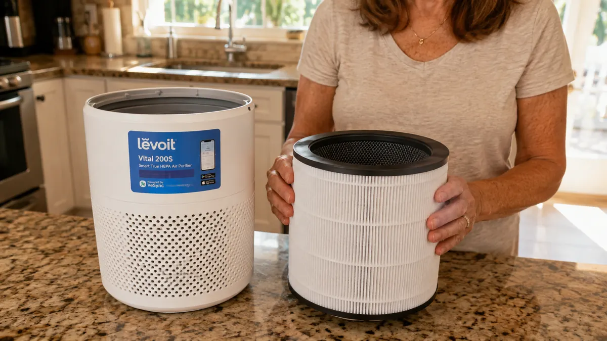 Close-up of the removed Levoit Vital 200S filter cartridge sitting next to its housing on a counter