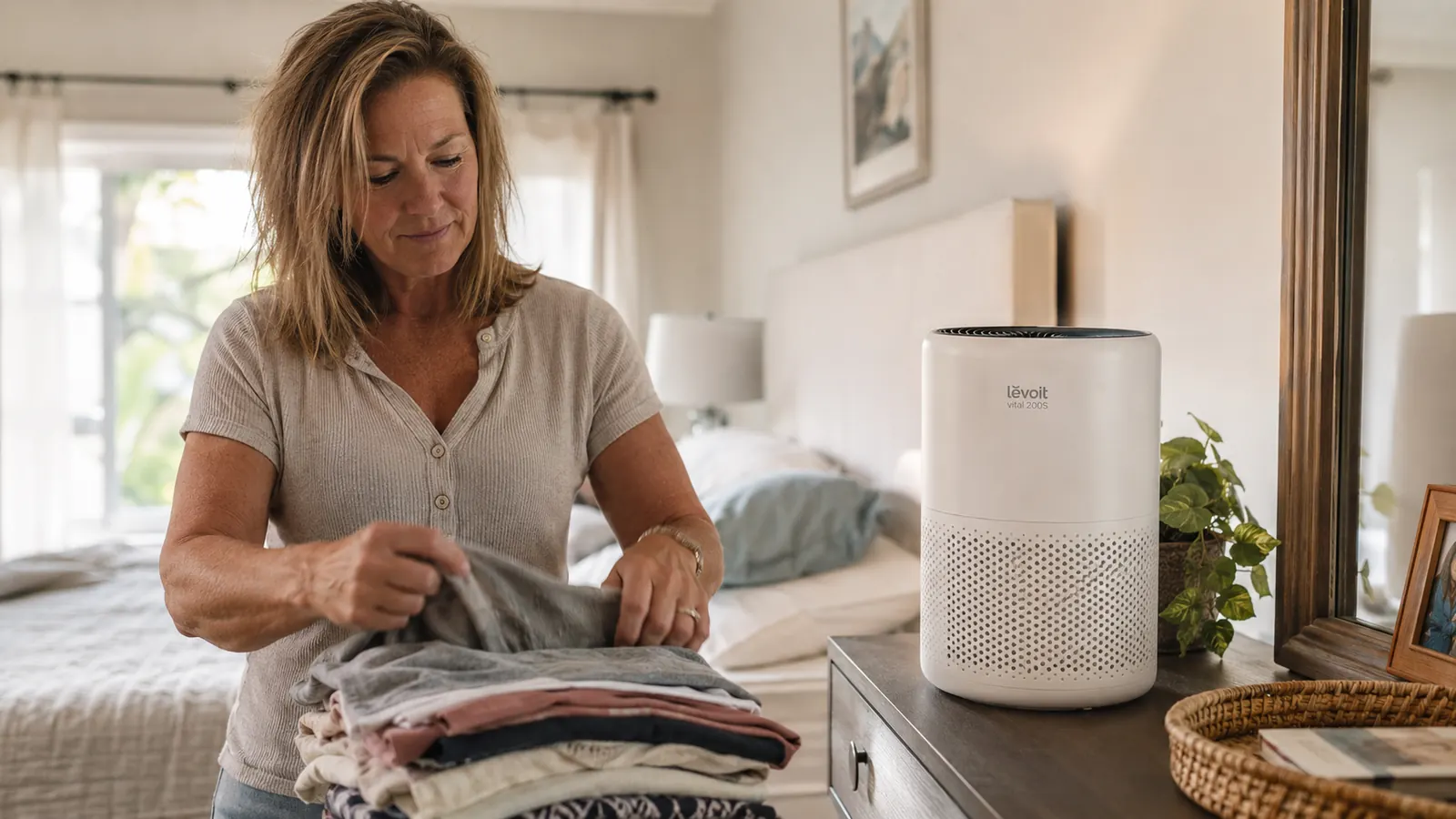 White Levoit Vital 200S air purifier on a bedroom dresser with soft morning light coming through curtains
