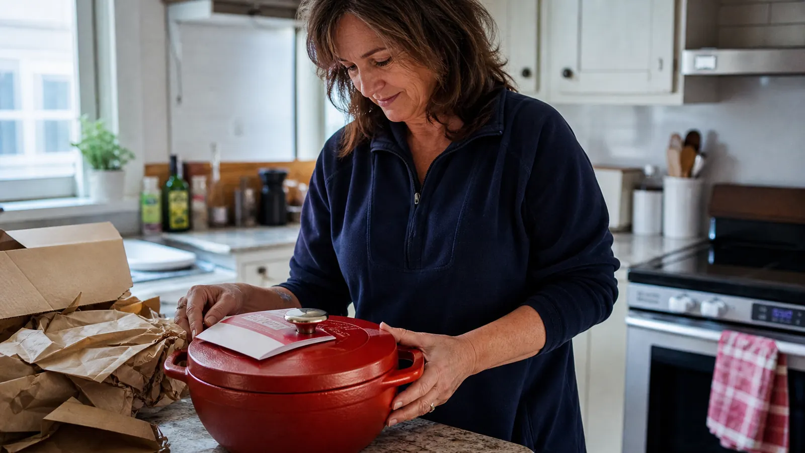 A red enamel Lodge Dutch oven fresh out of its box on a kitchen counter, packing paper still nearby