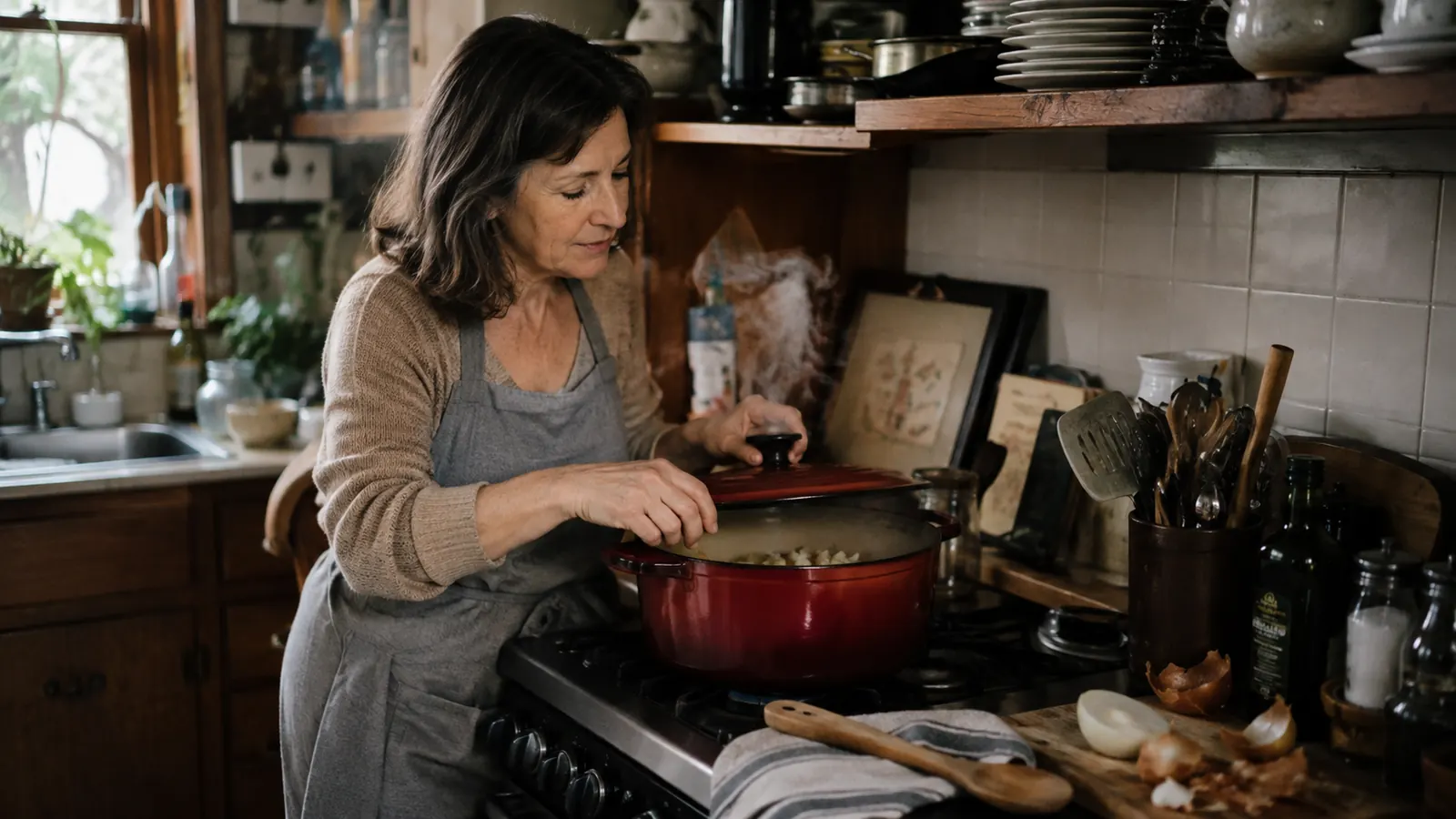 A red enamel Lodge Dutch oven simmering on a home stovetop with steam rising, kitchen towel draped over the handle