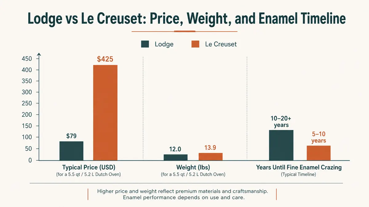 Chart comparing Lodge and Le Creuset Dutch ovens on price, weight, and years until enamel crazing appears
