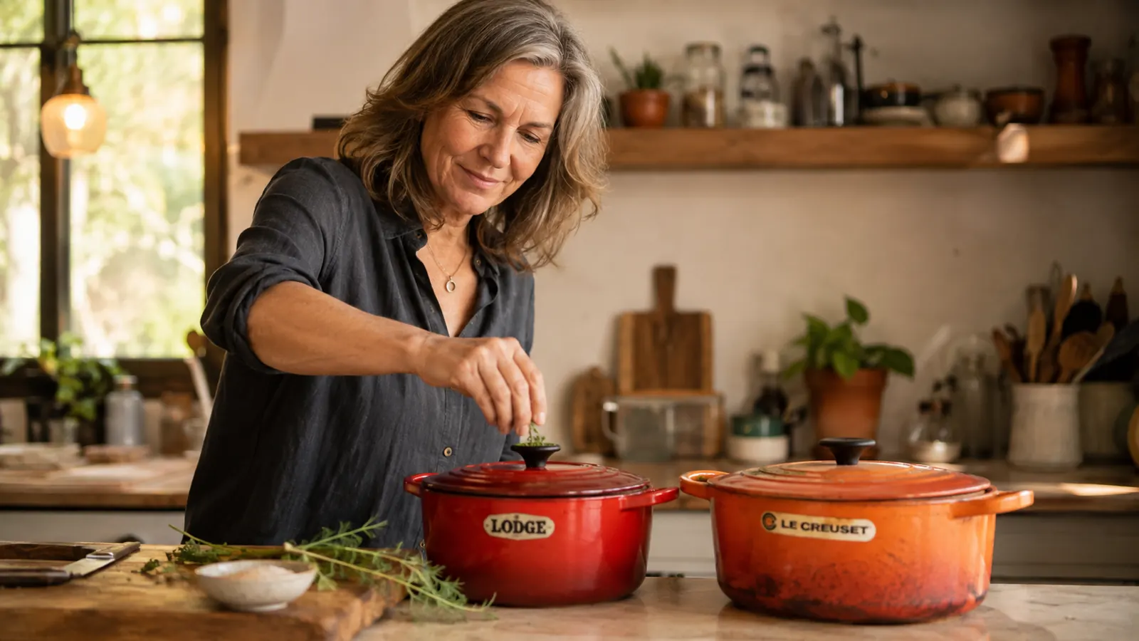 A red Lodge Dutch oven and a Le Creuset Dutch oven side by side on a home stovetop