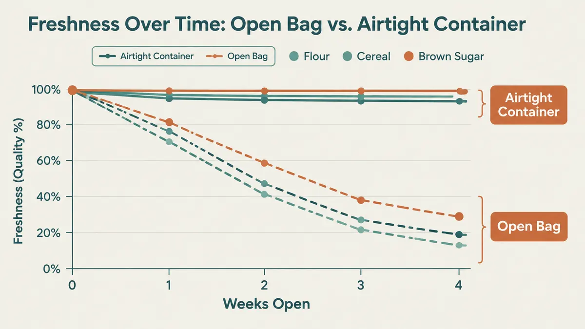 Chart comparing pantry staple freshness over time in an open bag versus a Vtopmart airtight container