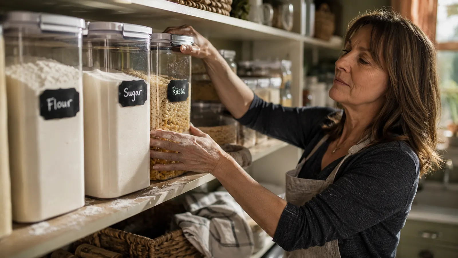 A row of Vtopmart airtight plastic containers filled with flour, rice, and pasta lined up on a wooden pantry shelf