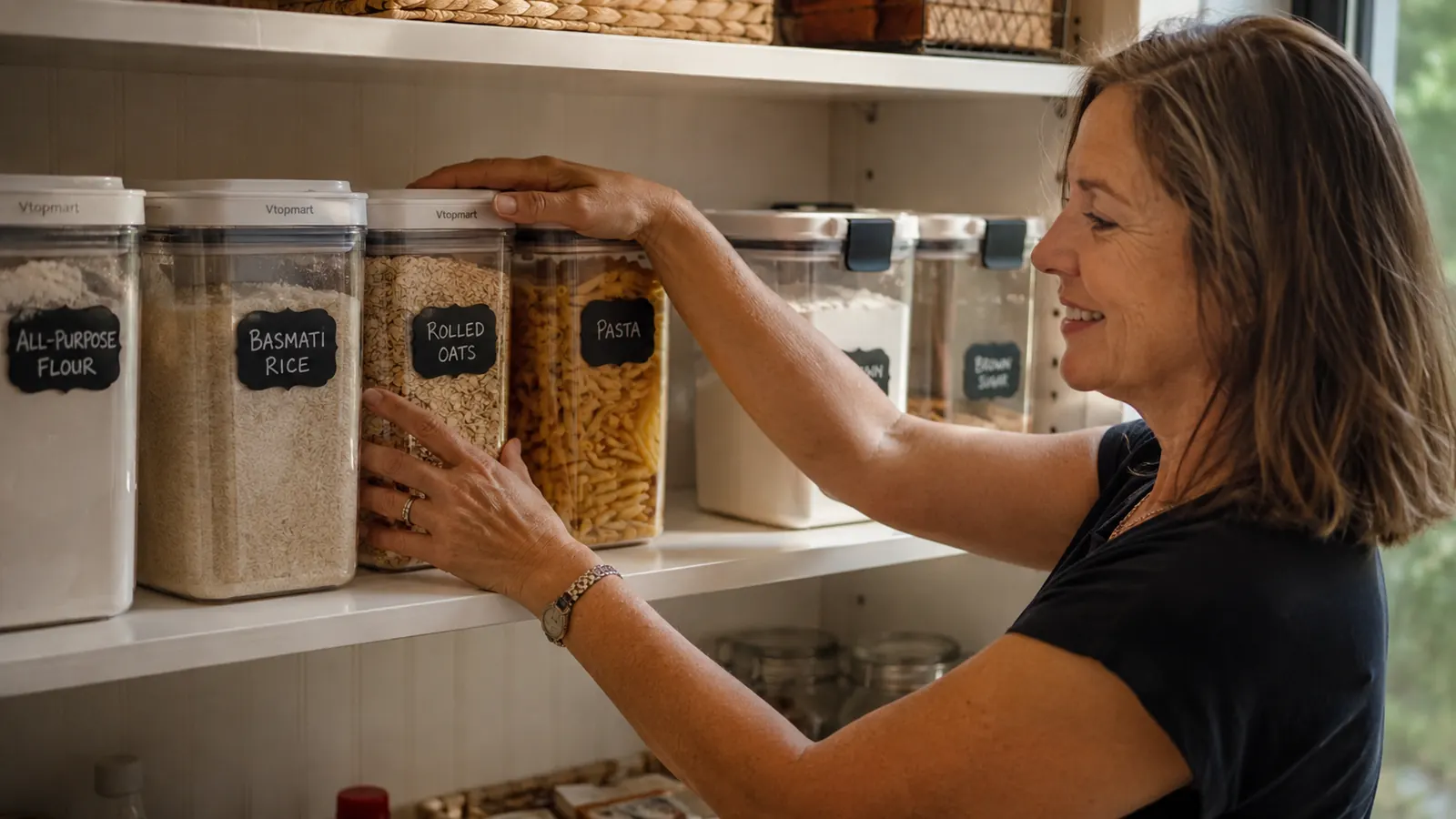 A pantry shelf lined with square Vtopmart airtight containers next to a few clear Rubbermaid Brilliance containers